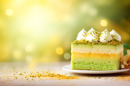 Layered matcha biscuit cake with pistachio and mango souffle on colored blurred boken background. Healthy sweet food concept. Matcha dessert banner with copy space for ads, menu, cards. Matcha sweetsの素材