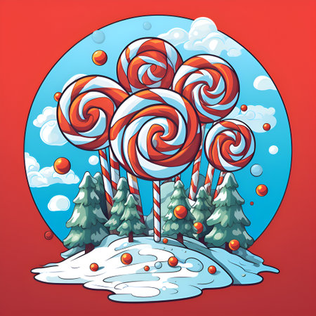Christmas lollipops illustration. Merry Christmas and Happy New Year poster with christmas candies over forest red background. Lollipop painting, festive greeting card templateの素材