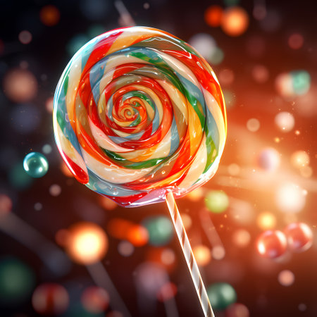 Christmas lollipop close-up over bokeh background. Festive abstract background, defocused lights. Colorful lollipop against shiny background of Christmas lights. Xmas bannerの素材