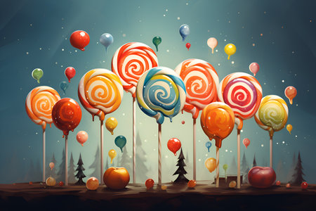 Christmas lollipops illustration. Merry Christmas and Happy New Year poster with christmas candies set over magic turquoise candies background. Festive greeting card template. Lollipop paintingの素材