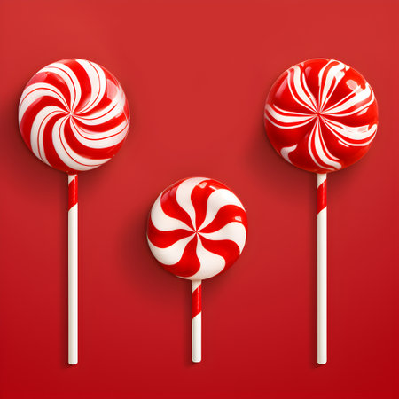 Set of Christmas round lollipop candies on red background. Christmas lollipops background. Creative Christmas banner for ads, post card, invitation, printed production. Minimalistic xmas compositionの素材
