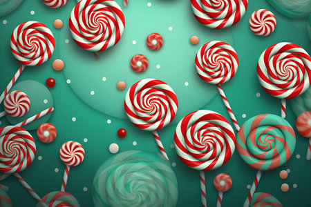 Christmas lollipop background. Merry Christmas and Happy New Year poster with christmas candies set top view over light turquoise background. Festive greeting card template. Lollipop candies bannerの素材