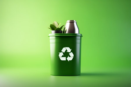 Green trash bin filled with organic waste ready for recycling isolated on light green background with copy spcae. Recycling waste illustration, save the planet and environmental concern conceptの素材