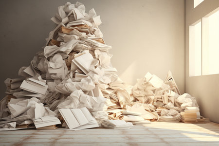 Waste paper illustration. Large pile of waste paper ready to recycle. Old, randomly folded paper, as waste paper. Recycling paper, giving paper the second life. Environmental concern. Save the treesの素材
