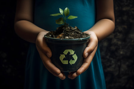 Child holding small basket with small plant over natural background with big plants. Waste paper concept. Eco friendly recycling banner with waste paper, and a big tree. Save the trees ecology projectの素材