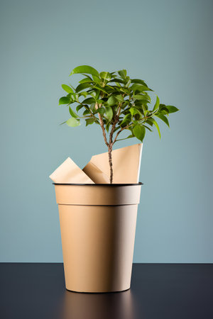 Recycling paper concept. Ecosystem Restoration, environment day. Eco friendly recycling vertical banner with waste paper, bio trash bin and a new small plant. Save the trees ecology project concept.の素材