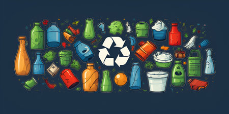 Separate waste collection banner with different types of garbage, recycling sigh in the center, flat design. Background filled with organic separated waste ready for recycling. Save the planet conceptの素材