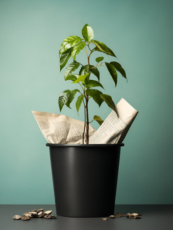 Recycling paper concept. Ecosystem Restoration, environment day. Eco friendly recycling vertical banner with waste paper, black trash bin and a new small plant. Save the trees ecology project concept.の素材