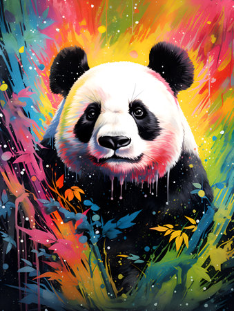 panda illustration. Abstract multicolored portrait of panda in the style of pop art. Paint splatter panda. Color splash panda illustrationの素材