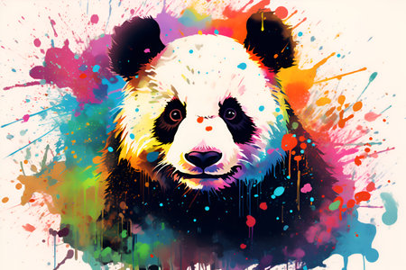 Paint splatter Panda illustration on white background. Abstract multicolored portrait of panda, pop art drawing. Watercolor panda bear illustration with color splashの素材