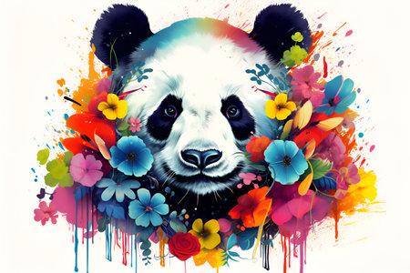 Panda paint splatter illustration on white background. Abstract multicolored portrait of panda with tropical flowers, pop art. Watercolor panda illustration with color splashの素材