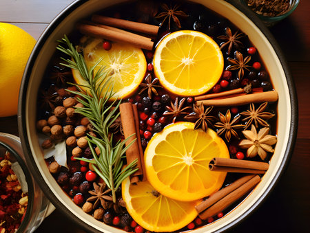 Close up of a pot of mulled wine, traditional winter drink, top view. Mulled red wine or punch drink with spices, citrus slices, cinnamon sticks and anise stars in pot. Winter or autumn warming drinkの素材