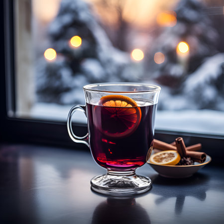 Glass of mulled wine on windowsill over snowy christmas background. Warming red wine drink. Glass of hot red wine cocktail with spices, fruits, cinnamon and anise stars. Mulled wine banner, copy spaceの素材