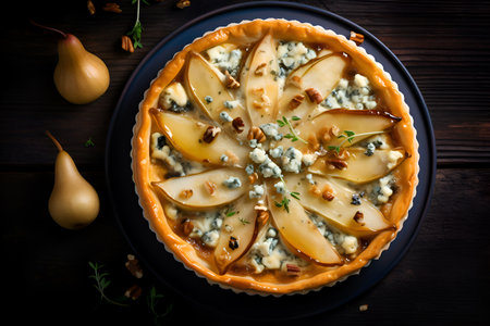 Pear tart top view. Round pear tart on dark ceramic plate on wooden table. Home made pear and blue cheese pie with half poached pear slices. Tasty pear gourmet dish, healthy eating concept.の素材