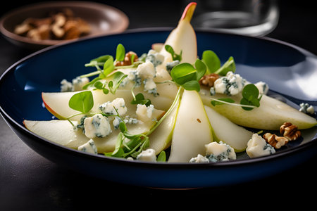 Pear and blue cheese salad on dark blue ceramic plate on dark table, close-up. Pear salad made from microgreens, pear slices, pieces of blue cheese, walnuts and honey topping. Healthy eating appetizerの素材