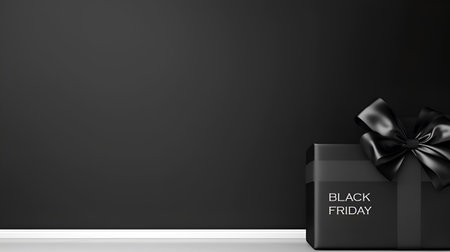 Black Friday gift box. Black Friday Sale banner design. Premium style black gift box, wrapped with satin ribbon on a dark black and white background with copy spaceの素材
