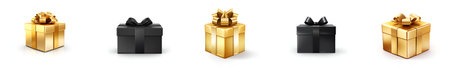 Set of gold and black gift box icons isolated on white background. Black Friday sale or Happy Birthday gift box concept. Collection of black and golden gift boxes, wrapped with gold ribbon with a bowの素材