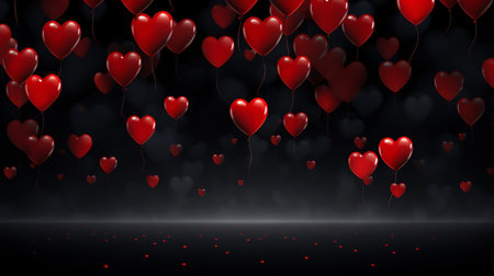 Flying red balloons in heart shape over dark background. Festive red heart shaped balloons as a decoration for Valentine's day greeting cards or invitations. Love and relations. Festive love bannerの素材