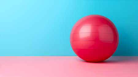 Pink fitball or pilates ball on colored background, copy space. Healthy and active lifestyle, fit women making sports concept. Gymnastics ball home sports equipment. Gym training tool for healthy backの素材