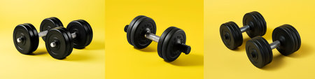 Set of black dumbbells pairs on yellow background. Professional sport equipment. Rubber fitness weights for home training. Home fitness or sport center equipment to keep fit and run healthy lifeの素材