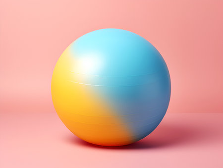 Pilates ball or fitness ball on pink background, copy space. Sport, healthy and active lifestyle, fit women concept. Gymnastics ball as a home sports equipment. Gym training tool for healthy backの素材