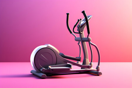 Elliptical trainer on colored background. Gym equipment for cardio training to keep fit and run healthy lifestyle. Elliptical cross trainer, minimalistic sports banner, neon purple backgroundの素材