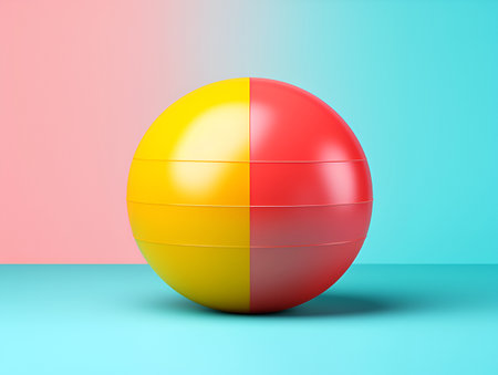Colorful gymnastics ball or fitness ball on colored background, copy space. Sport, healthy and active lifestyle, fit women concept. Pilates ball home sports equipment. Healthy back training toolの素材