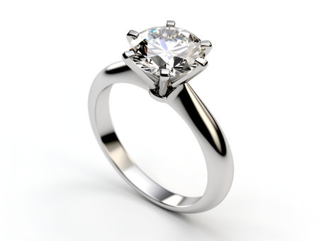 Diamond wedding ring close-up, white background. White gold wedding ring with brilliant. Platinum diamond ring for wedding, engagement. Saint Valentine Day ring. Ring photo for ads or catalogの素材