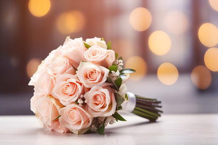 Wedding bouquet on light bokeh background with copy space. Tender Bride's bouquet, traditional symbolic bride's accessory. Floral composition with pastel pink creamy roses. Wedding conceptの素材