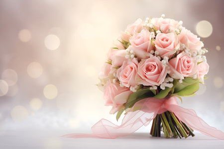 Wedding bouquet on light bokeh background with copy space. Tender Bride's bouquet, traditional symbolic bride's accessory. Floral composition with tender pink roses. Wedding conceptの素材