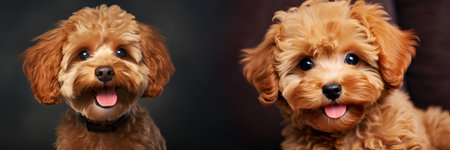 Pet love banner. Set of ginger Maltipoo pups shots on dark background, close-up. Maltipoo dog banner with dark backdrop. Happy Maltipoo puppy with an open mouth isolated on dark setting. Cute dogの素材