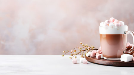 Mug of hot chocolate with whipped cream topped with marshmallows on light background, copy space. Hot winter drink made of grated or melted chocolate or cocoa powder, warmed milk or water, and sugarの素材