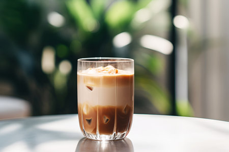 Glass of Dalgona Coffee on coffee shop table, morning atmosphere. Trendy Korean coffee drink made fluffy creamy whipped instant coffee foam poured in milk, layered iced coffee latteの素材