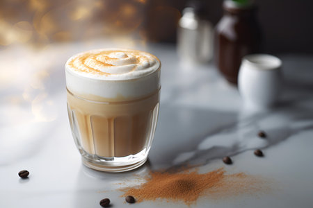 Glass of Dalgona Coffee with cinnamon on a marble coffee shop table, morning atmosphere, copy space, bokeh. Trendy Korean coffee drink. Fluffy latte coffee made of whipped instant coffee foam and milkの素材