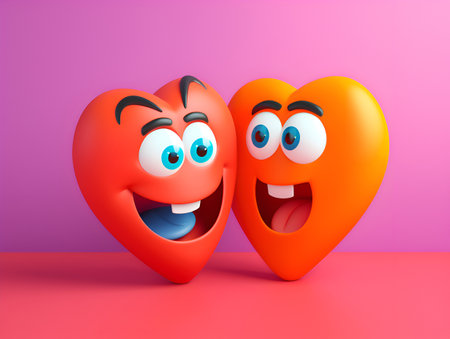 Funny cartoon heart characters on colored background. 3D plastic hearts having fun. Cute cartoon heart character with surprised face, friends having fun. Friendship day or Hug Day illustrationの素材