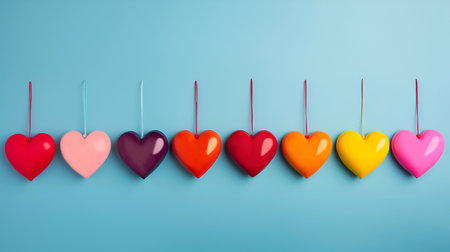 Set of plastic hearts on colored background. Multicolored 3D hearts on light blue background. Friendship day or Hug Day or Valentine Day banner. Minimalistic love illustration. Love symbolの素材