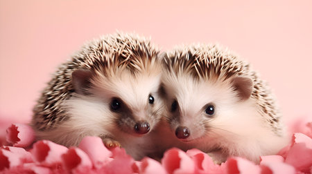 Romantic hedgehogs. Two lovely hedgehogs on pink background, copy space. Hugging animals. Love banner. Notebook or diary cover or postcard template. National hug day concept. Cute animals hug dayの素材