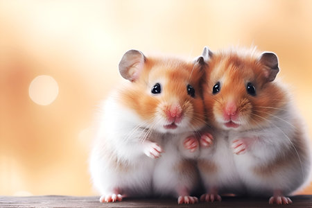 Funny hamsters. Two confused hamsters on a light blurred bokeh background with free space for text. Notebook or diary cover template. National hug day concept. Cute animals hug day. Hugging animalsの素材