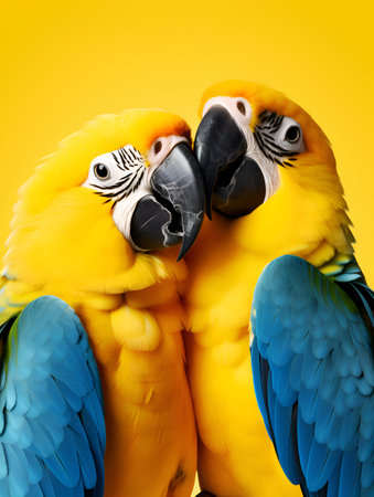 Yellow blue Lovebird parrots on yellow background. Two colorful lovebirds parrots in love. Colorful pets. Hugging animals. Love banner. National hug day concept. Notebook cover or post card templateの素材