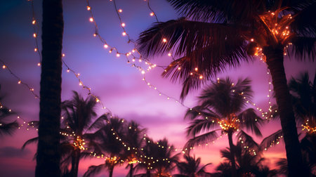 Palm trees decorated with colorful garland. Merry Christmas and Happy New Year celebration on tropical exotic beach. Christmas garland on palm tree at the sunset. Happy holidays and festive celebrationの素材