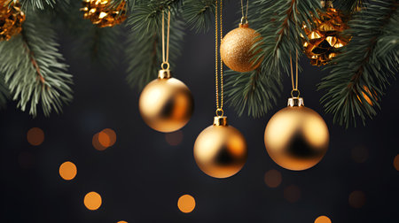 Merry Christmas and Happy New year background. Christmas tree branches and hanging gold ornaments on bokeh background, copy space. Green Pine Tree Branches, gold toys and pinecones bannerの素材