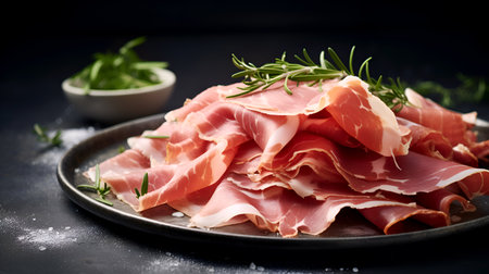 Prosciutto ham. Sliced Prosciutto with Rosemary on a dark background. Close-up of sliced of Parma ham on black plate with herbs. Cured meat delicacy with fresh herbs on dark Backdrop. Italian foodの素材
