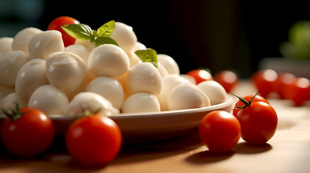 Caprese salad ingredients on a plate: mini mozzarella, ripe whole cherry tomatoes and fresh basil. Mozzarella Cheese, Cherry Tomatoes, and Basil. Italian food and appetizers. Healthy eating conceptの素材