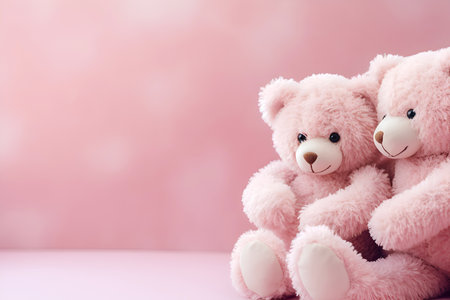 Two pink teddy bears in a sweet embrace. Plush love. Pink teddy bears hugging each other on a pink background with copy space. National hug day concept. Poster, post card, greeting card templateの素材