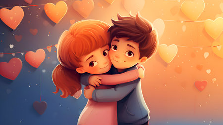 Hug day illustration showing heartwarming embrace, children's tender connection. Sibling love, gentle hug amidst hearts. Affectionate cartoon siblings, close bond. Template for post or greeting cardの素材