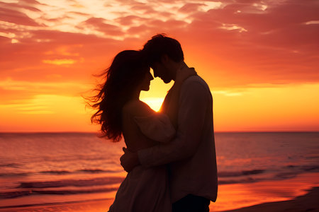 Couple hugging on the beach at the sunset. Sunset Embrace on Beach. Romantic Beach Sunset. Couple's Love at Dusk. National hug day concept. Valentine's day. Romantic Silhouette of Couple by Seaの素材