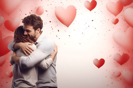 Loving Couple Embraces Among Floating Hearts. Romantic Embrace with Hearts Background. Couple in Love with Pink Heart Backdrop. Love day or hug day concept. St Valentine's day banner with copy spaceの素材