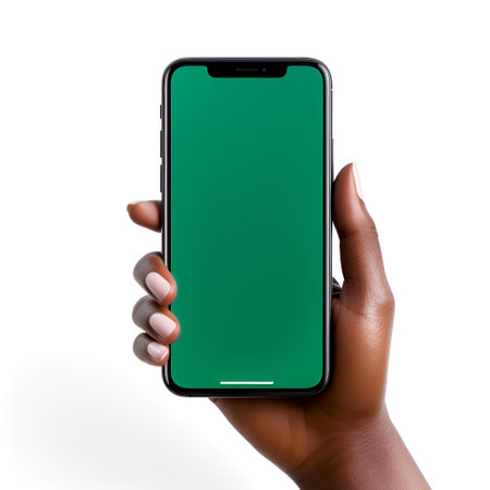 Smartphone chroma key screen used in a grocery shopping context, perfect for demonstrating apps or digital promotions. Black skinned hand holds mobile phone with green screen on white backgroundの素材