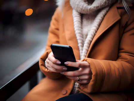 Young woman in a winter coat uses a smartphone on a city street. Female hands hold a smartphone against an urban landscape, symbolizing connectivity in motion and modern lifestyle. People with devicesの素材