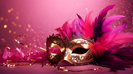 Gold mask with lace and magenta feathers on light purple background with copy space. Mask's intricate lace and feathers shine against the pink glow. Carnival mask adorned with vibrant feathersの素材